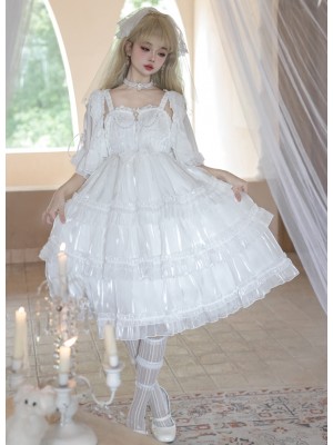 White Sweet Lolita Skirt JSK Elegant Puffy Skirt Apricot Lolita Suspender Dress