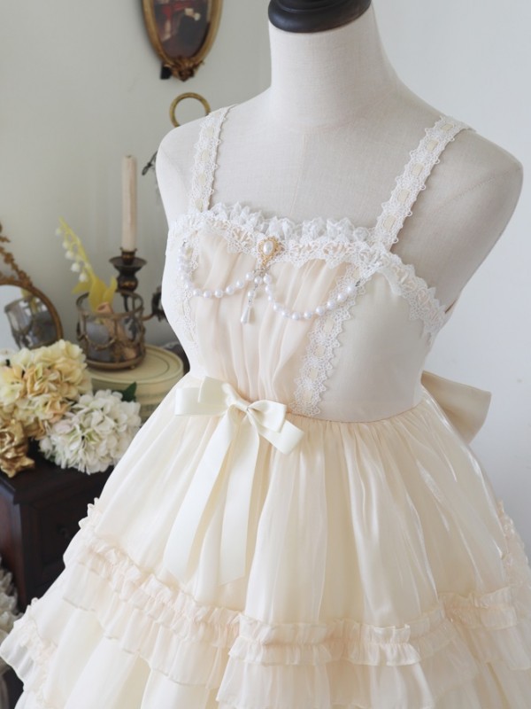 Sweet Lolita Skirt JSK Elegant Puffy Skirt Apricot Lolita Suspender Dress