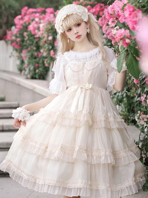 Sweet Lolita Skirt JSK Elegant Puffy Skirt Apricot Lolita Suspender Dress