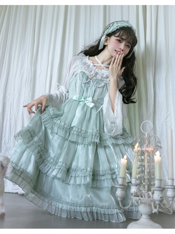 Green Sweet Lolita Skirt JSK Elegant Puffy Skirt Apricot Lolita Suspender Dress