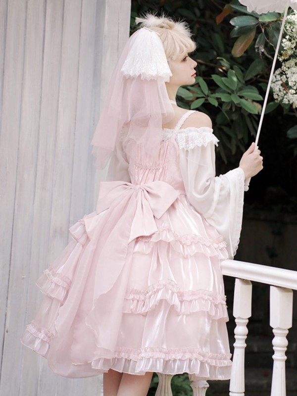 Pink Sweet Lolita Skirt JSK Elegant Puffy Skirt Apricot Lolita Suspender Dress