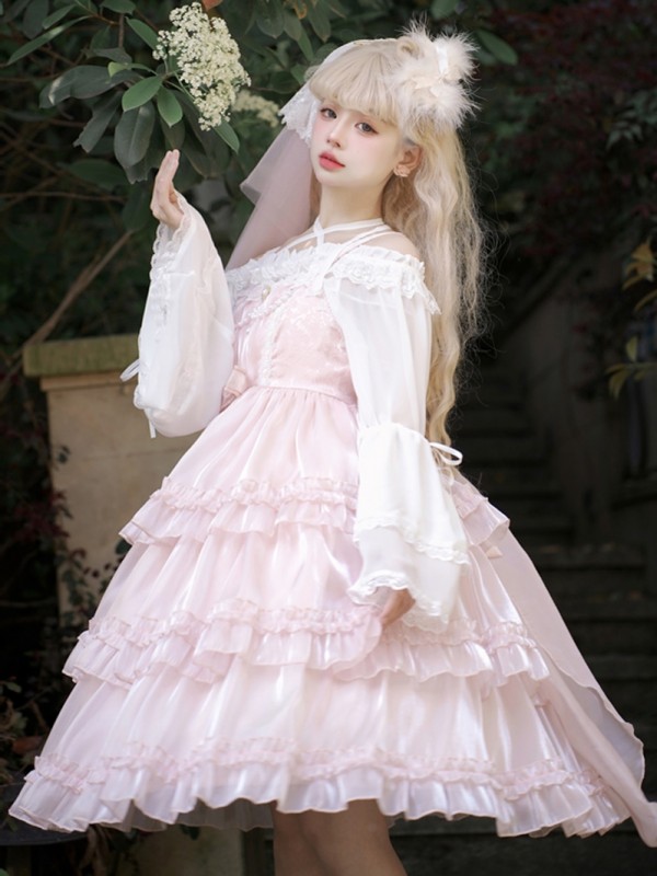 Pink Sweet Lolita Skirt JSK Elegant Puffy Skirt Apricot Lolita Suspender Dress