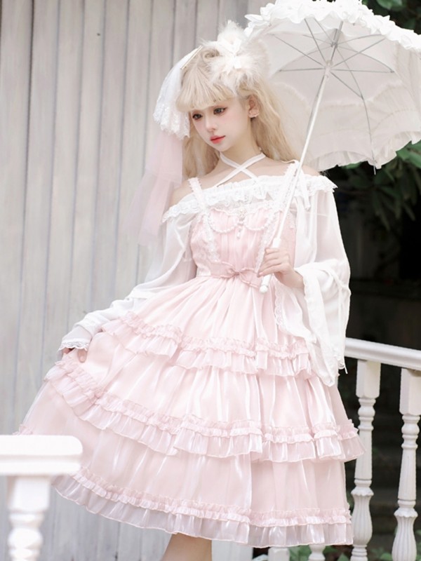 Pink Sweet Lolita Skirt JSK Elegant Puffy Skirt Apricot Lolita Suspender Dress