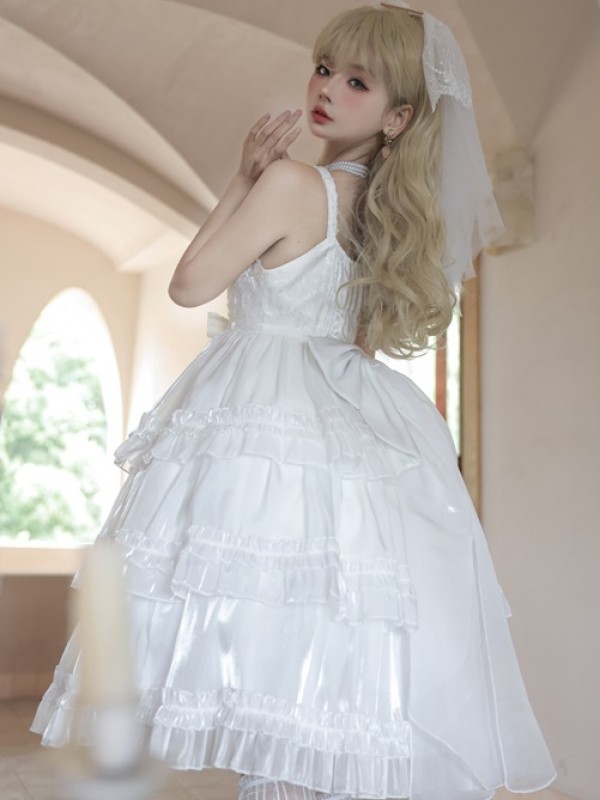 White Sweet Lolita Skirt JSK Elegant Puffy Skirt Apricot Lolita Suspender Dress