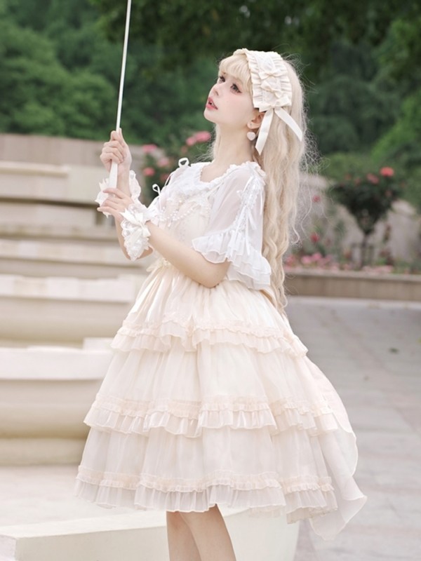 Sweet Lolita Skirt JSK Elegant Puffy Skirt Apricot Lolita Suspender Dress