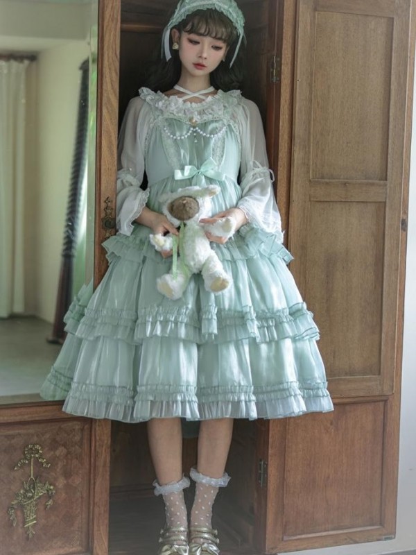 Green Sweet Lolita Skirt JSK Elegant Puffy Skirt Apricot Lolita Suspender Dress