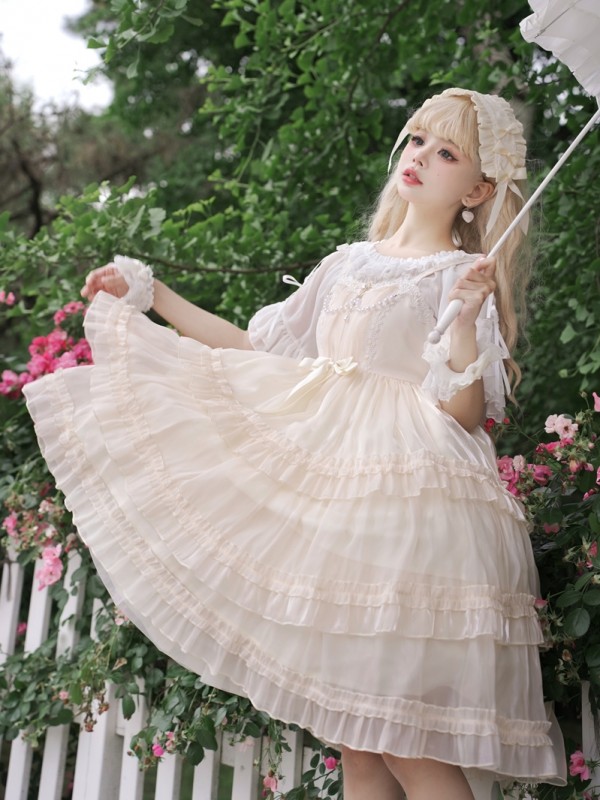 Sweet Lolita Skirt JSK Elegant Puffy Skirt Apricot Lolita Suspender Dress