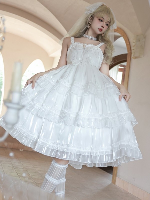 White Sweet Lolita Skirt JSK Elegant Puffy Skirt Apricot Lolita Suspender Dress