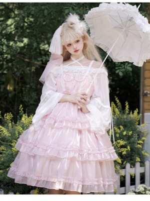 Pink Sweet Lolita Skirt JSK Elegant Puffy Skirt Apricot Lolita Suspender Dress