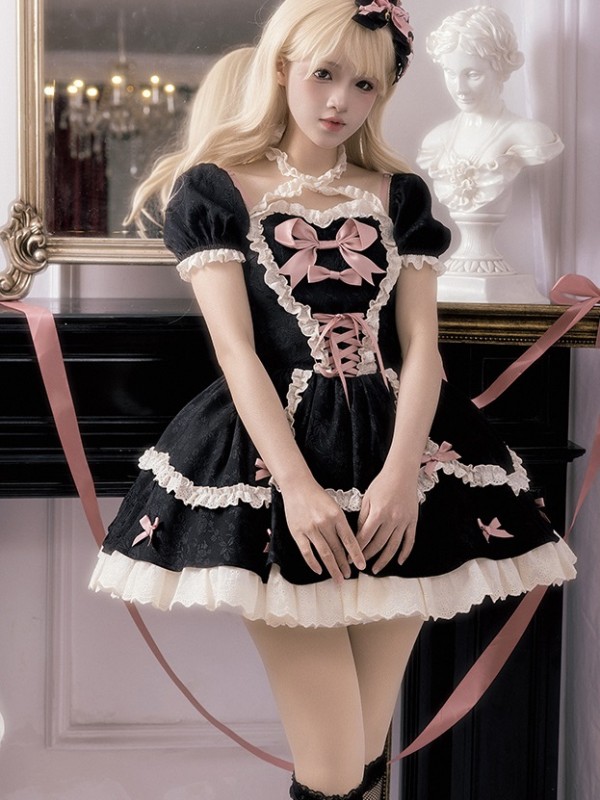 Black and Pink Sweet Short OP Lace Bow Lolita Dress