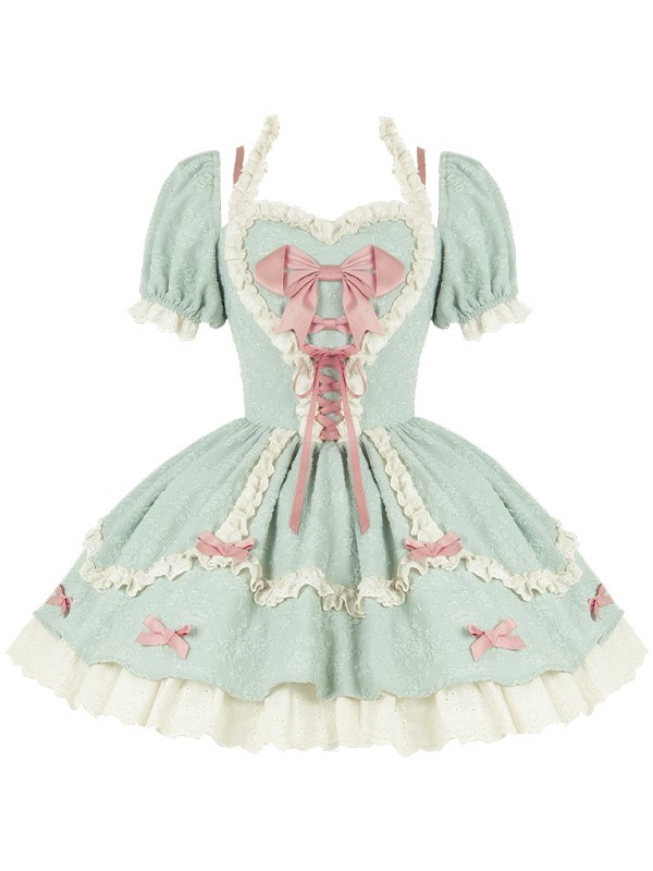 Green and Pink Sweet Short OP Lace Bow Lolita Dress