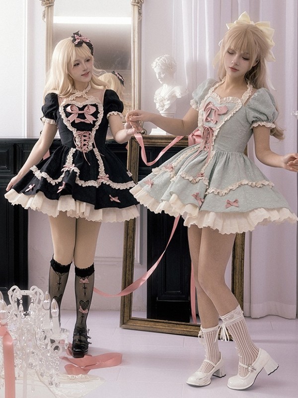 Green and Pink Sweet Short OP Lace Bow Lolita Dress