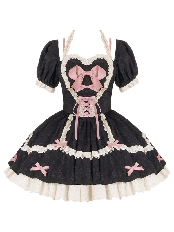 Black and Pink Sweet Short OP Lace Bow Lolita Dress