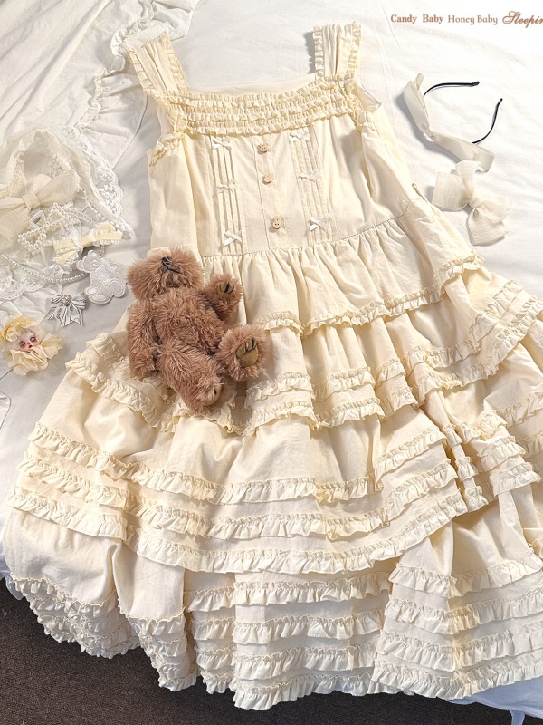 Sweet Fungus Satin Lace Cotton Loose JSK Suspender Dress