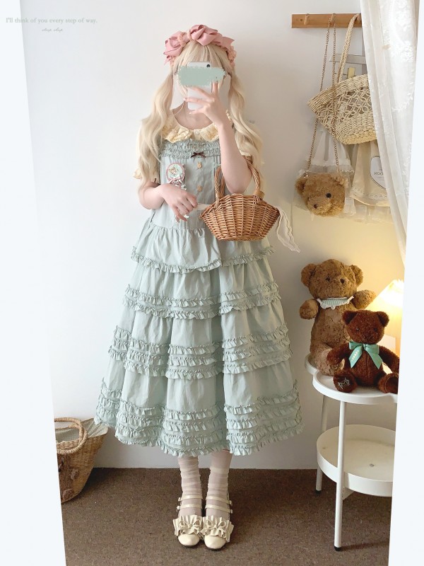 Sweet Fungus Satin Lace Cotton Loose JSK Suspender Dress