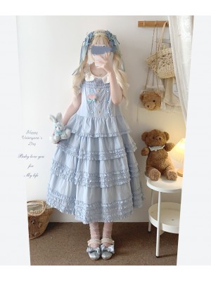 Sweet Fungus Satin Lace Cotton Loose JSK Suspender Dress