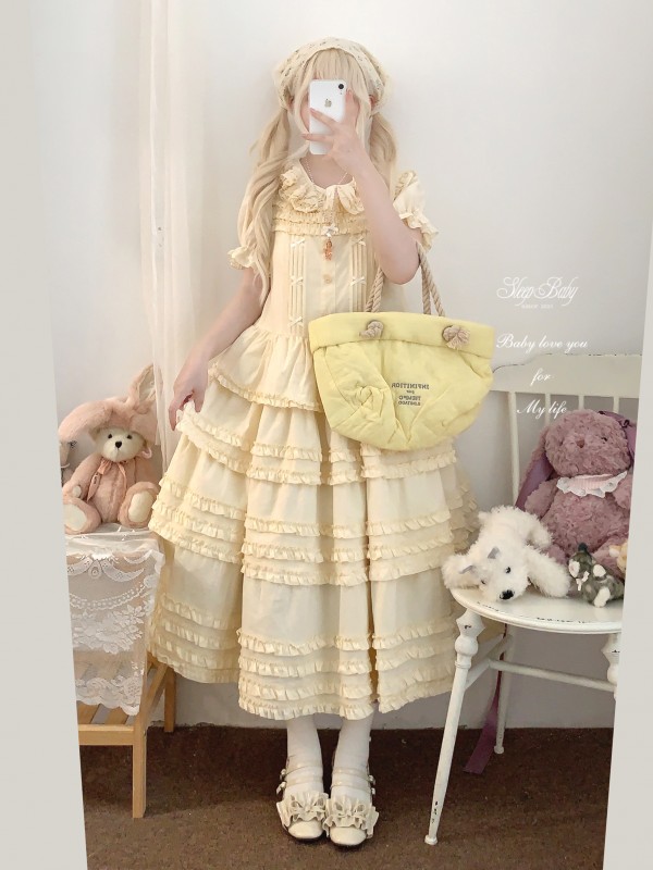 Sweet Fungus Satin Lace Cotton Loose JSK Suspender Dress