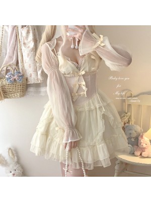 Sweet Lolita Bow Jacquard Retro Suspender Puffy Dress