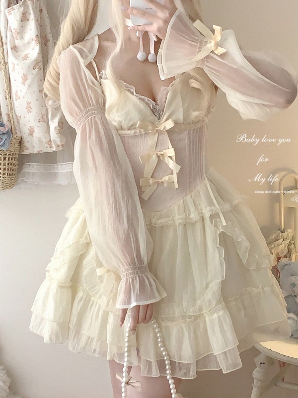 Sweet Lolita Bow Jacquard Retro Suspender Puffy Dress