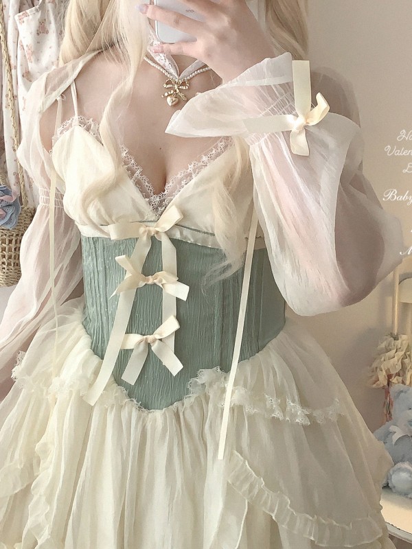 Sweet Lolita Bow Jacquard Retro Suspender Puffy Dress