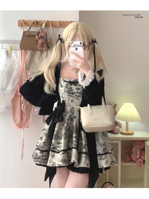 Sweet Gothic Jacquard Retro Bowknot Suspender Dress