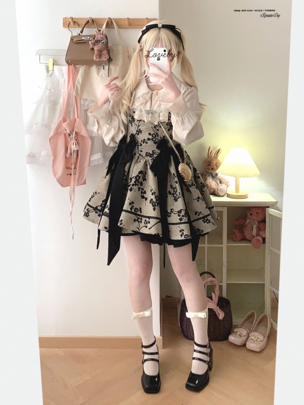 Sweet Gothic Jacquard Retro Bowknot Suspender Dress