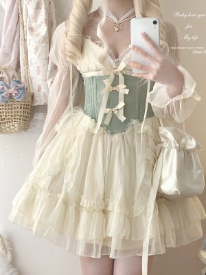 Sweet Lolita Bow Jacquard Retro Suspender Puffy Dress