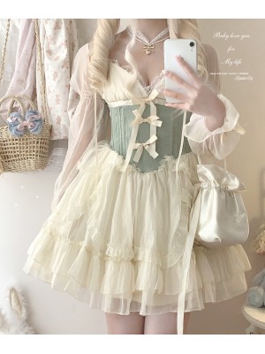 Sweet Lolita Bow Jacquard Retro Suspender Puffy Dress