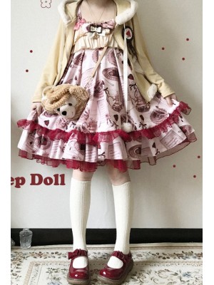 Sweet Lotus Leaf Mesh Lace Retro Print Lolita Suspender Dress