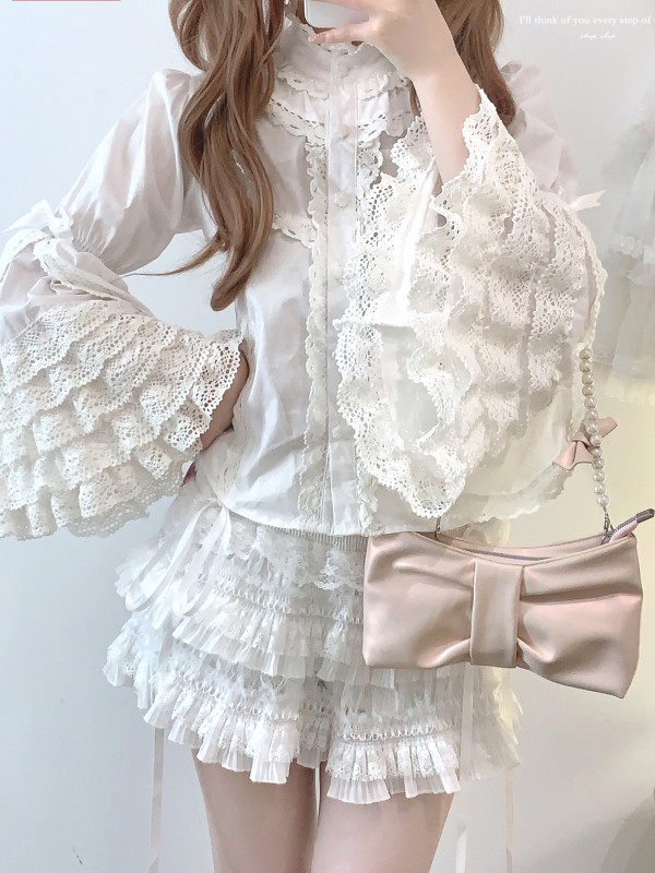 Vintage Cotton Sleeve Layered Ruffle Lace Blouse