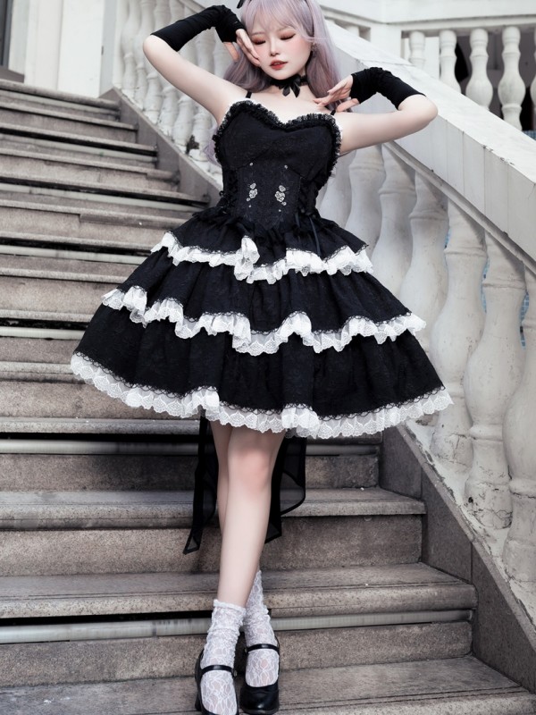 Embroidered Gothic Style Dark Princess Dress Black and White Lolita Suspender Skirt