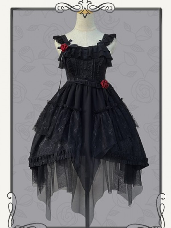 Black Sweet Gothic Jacquard Rose JSK Suspender Dress