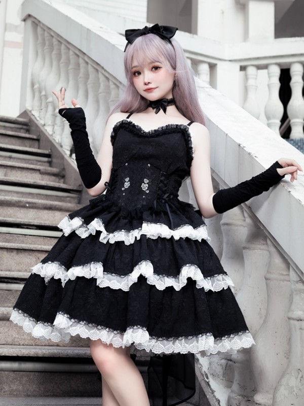 Embroidered Gothic Style Dark Princess Dress Black and White Lolita Suspender Skirt