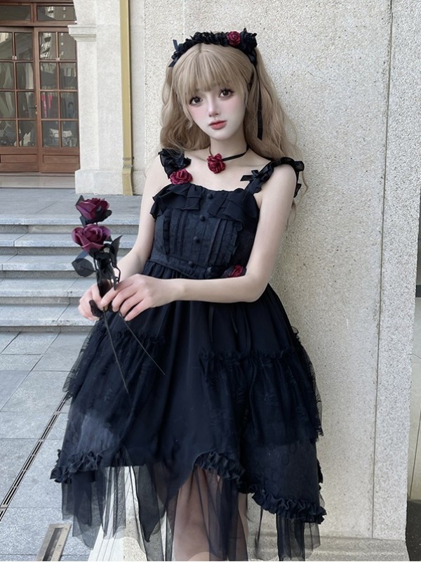 Black Sweet Gothic Jacquard Rose JSK Suspender Dress