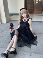 Black Sweet Gothic Jacquard Rose JSK Suspender Dress