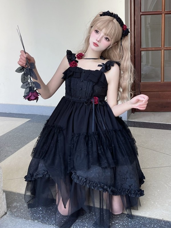 Black Sweet Gothic Jacquard Rose JSK Suspender Dress