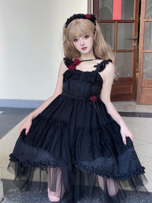 Black Sweet Gothic Jacquard Rose JSK Suspender Dress