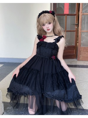 Black Sweet Gothic Jacquard Rose JSK Suspender Dress