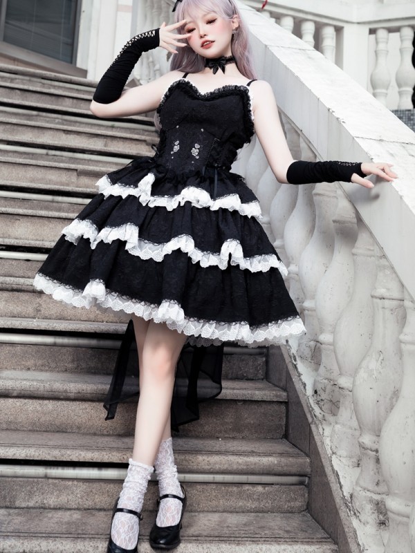 Embroidered Gothic Style Dark Princess Dress Black and White Lolita Suspender Skirt