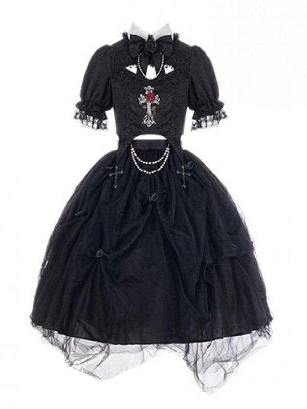 Gothic Rose Embroidery Hollow Top Mesh Skirt Lolita Suit