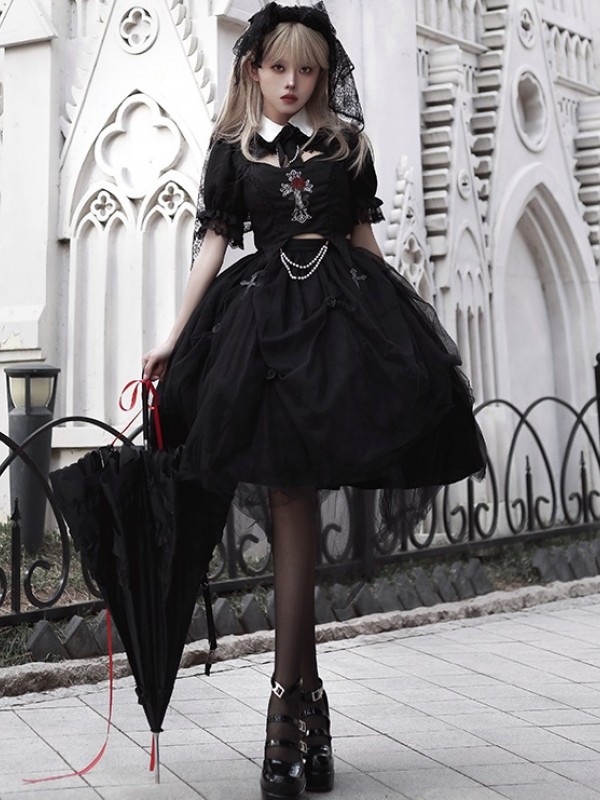 Gothic Rose Embroidery Hollow Top Mesh Skirt Lolita Suit