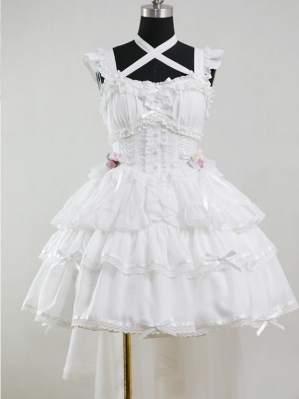 White Ballet Style Lolita Light Wedding Ruffled Lolita Suspender Dress