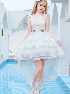 White Ballet Style Lolita Light Wedding Ruffled Lolita Suspender Dress