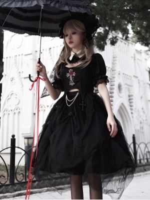 Gothic Rose Embroidery Hollow Top Mesh Skirt Lolita Suit