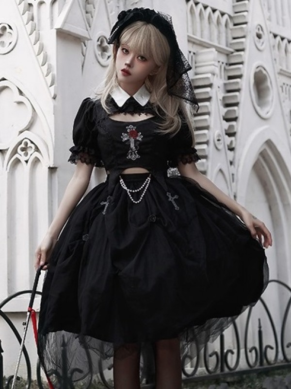 Gothic Rose Embroidery Hollow Top Mesh Skirt Lolita Suit