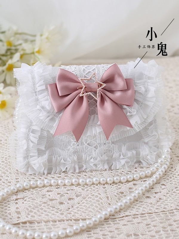 Sweet Lolita Bow Elegant Pearl Chain Lace Handbag