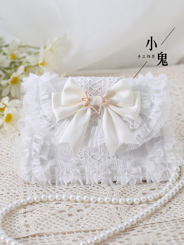 Sweet Lolita Bow Elegant Pearl Chain Lace Handbag