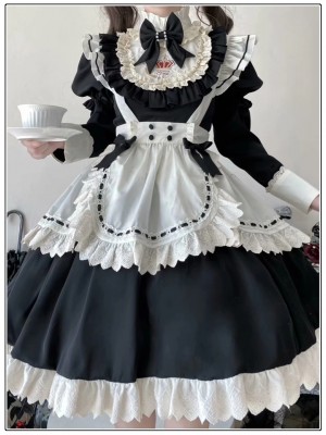 Long Sleeve Sweet Black Maid Lolita Skirt Cute OP Skirt Dress