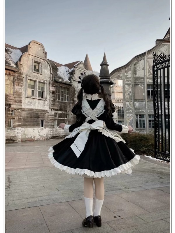 Long Sleeve Sweet Black Maid Lolita Skirt Cute OP Skirt Dress