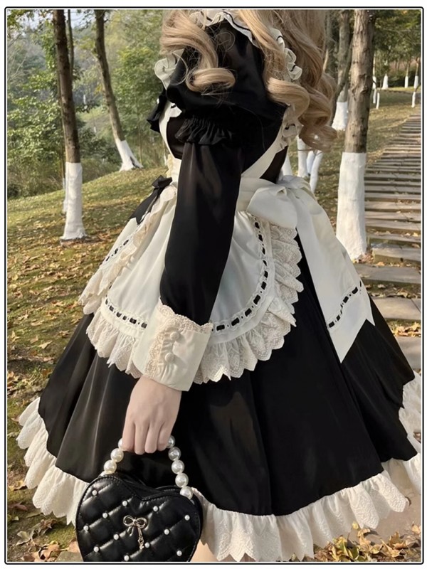 Long Sleeve Sweet Black Maid Lolita Skirt Cute OP Skirt Dress